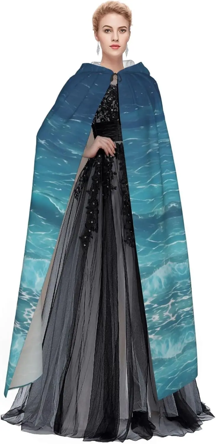 Halloween Adult Hooded Cape Cloak The Deep Blue Sea Pattern Super Large Hooded Cloak With Bow Tie