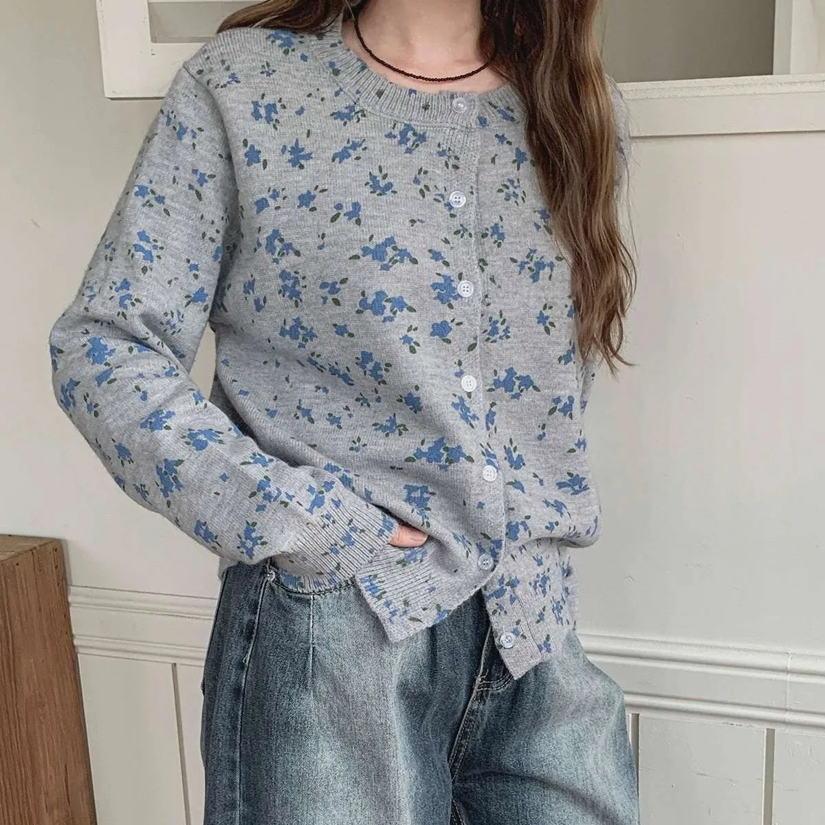 Suéter de punto suelto para mujer, estampado Floral, diseño elegante y versátil, cárdigan abierto juvenil dulce de otoño