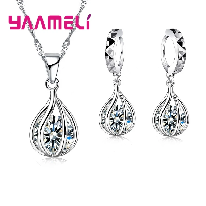 Schmuckset für Frauen 925 Sterling Silber Farbe niedlich runde Tropfenform Anhänger Halskette Creolen große Promotion Verkauf