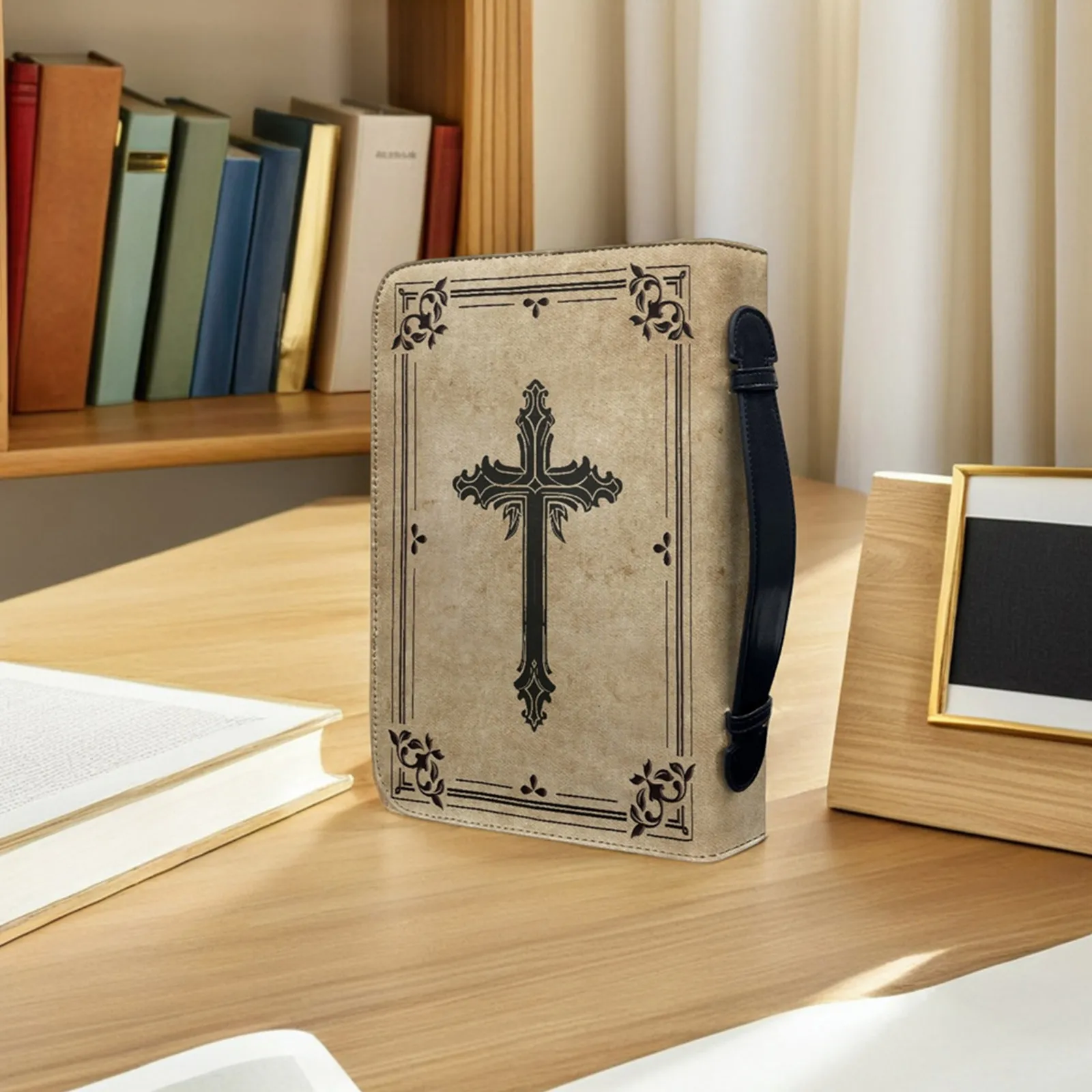 PU Cross Print Bible Case Vintage Bible Carrier Bag Book Carrying Case for Travel Church Study Protective Storage