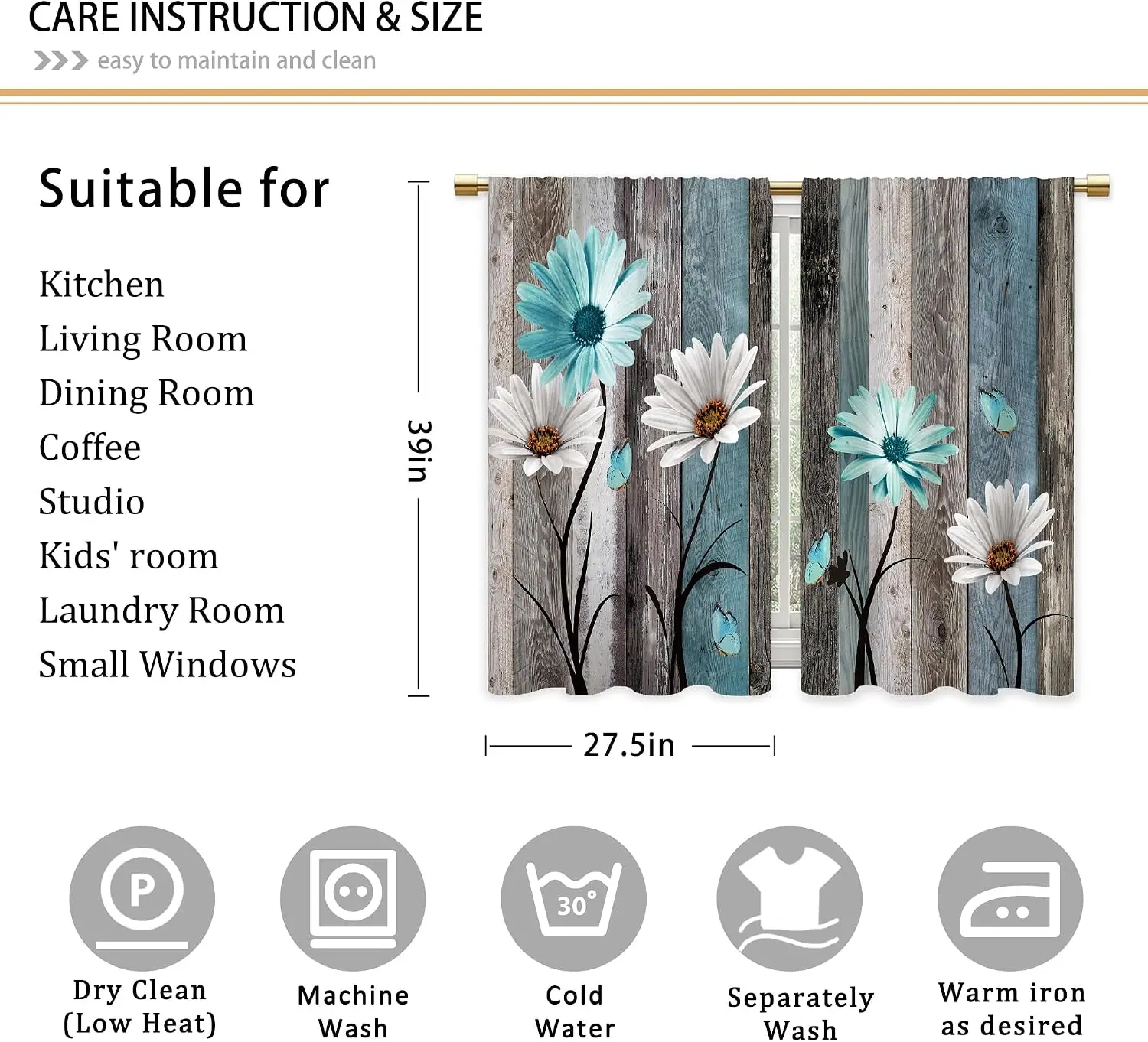 Stunning Rustic Farmhouse Wood Grain Floral Botanical Curtains Pair Blue White Nature Window Drapes Decoration 2 Pcs