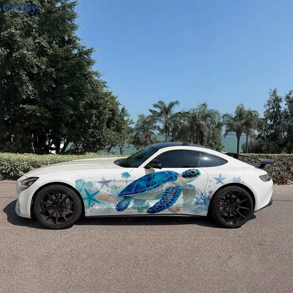 2pcs Blue Tone Coral & Sea Turtle Car Side Wraps, Self-Adhesive PVC Waterproof & Scratch-Resistant Stickers, Car Accessory Gift