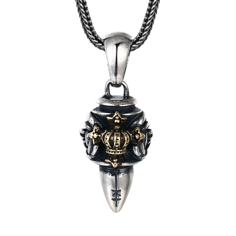 

925 Sterling Silver Bullet Pendant Necklace for Men - Royal Crown & Rose Design, Antique Style Gothic Chain Jewelry