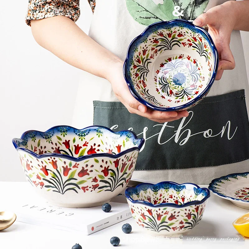 Ceramic Soup Bowls Retro Bakeware Hand-Painted Kitchen Tableware Salad Dessert Steak Pasta Plate Household Fruit Tray Decoration