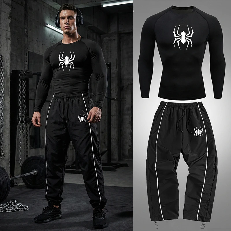 Men's Spider Bull Print Athletic 2 Piece Set Gym Workout Running Sportswear Long Sleeve Compression Shirts Tops Pants Trousers