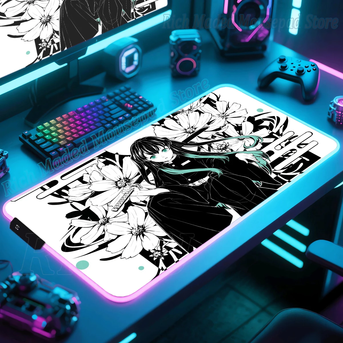 RGB Mouse Pads Demon Slayer Muichiro Tokito Mousepad Gaming Computer Led Mat Gamer Table Mats XXL Rubber Anti-slip Keyboard Rug