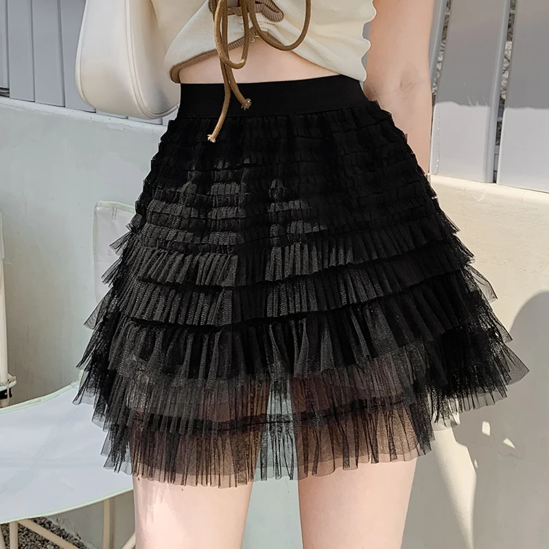 Pink Ruffle Mini Skirts Women\'s Tutu Skirt 2024 Vintage Ballet Bubble Dance Skorts Layered Party Pleated Skirt Girl Mesh Skirts