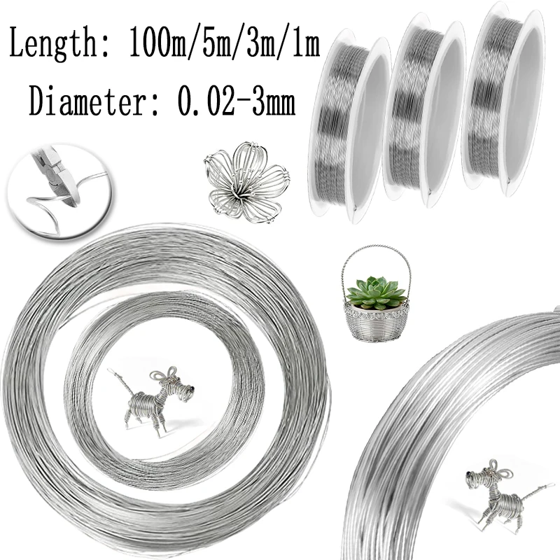 1-3rolls 304 Stainless Steel Wire Soft / Hard 1-100m Single Core Rust-Proof DIY Binding Craft Metal Rope 0.02-3mm