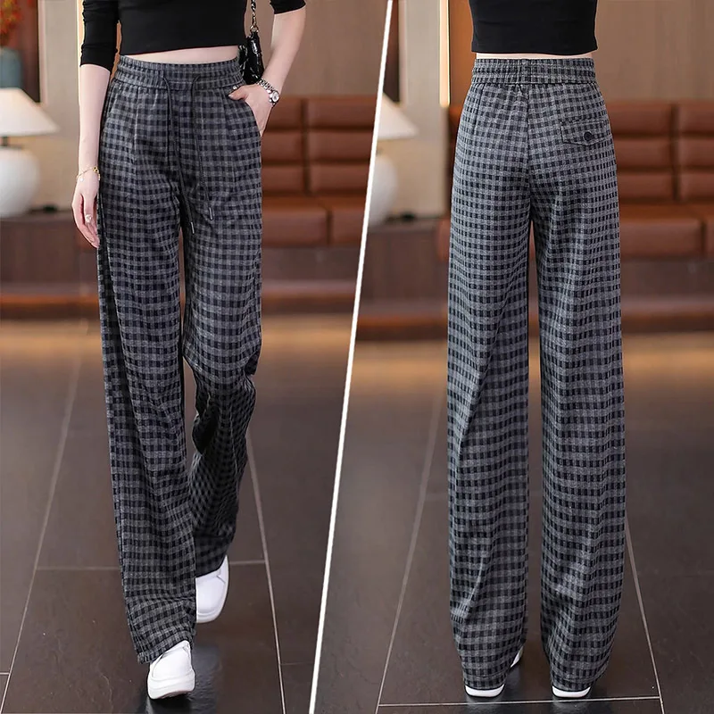 กางเกงขายาวลายสก็อตสำหรับผู้หญิง รุ่นใหม่สำหรับฤดูใบไม้ผลิและฤดูใบไม้ร่วง เอวสูง ทรงหลวม ช่วยพรางหุ่น กางเกงขายาวทรงยาว ขอบเอวยางยืด ลายเส้นเล็ก