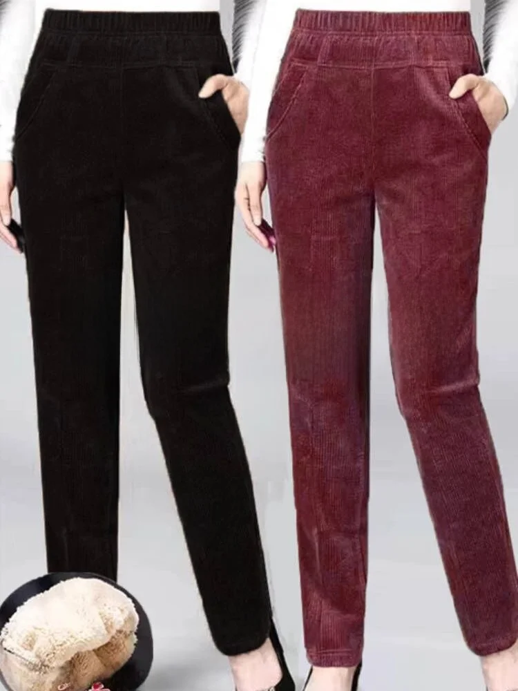 بنطلون هارلان سميك للخريف والشتاء، بنطلون نسائي كاجوال مستقيم الساق، خصر عالي، مبطن بفرو الغنم، بنطلون أمهات من القطيفة المضلعة