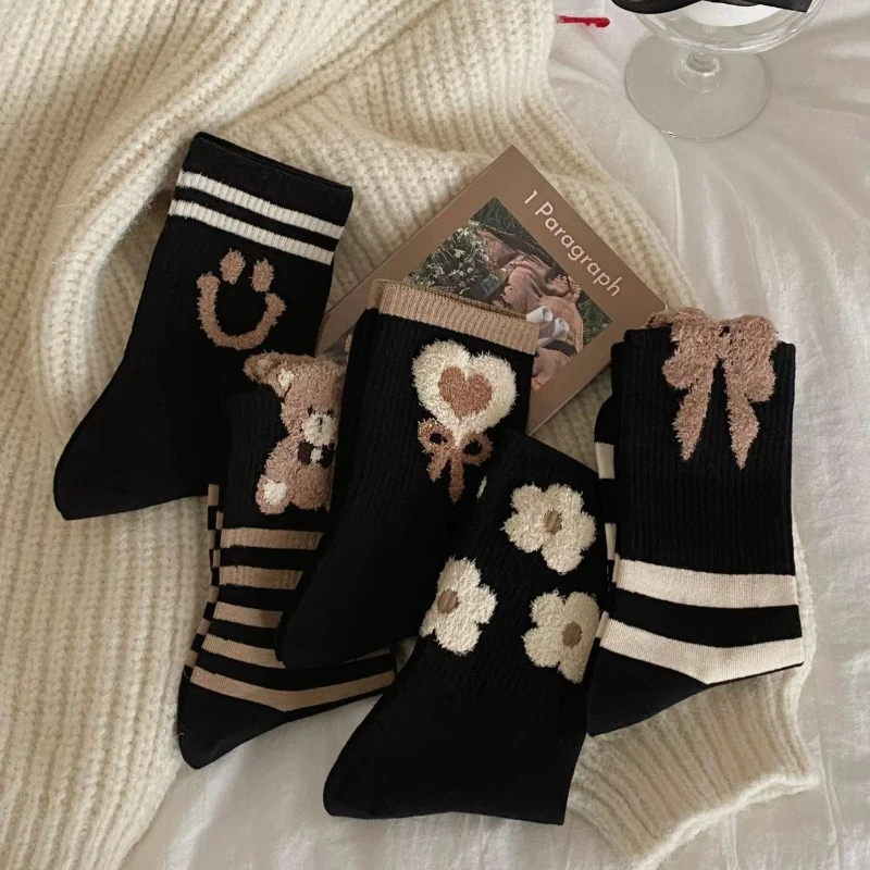 5/10 Pairs Random Color Women's Spring Summer Crew Socks - Ins Trendy Cartoon Bear Print Cute Preppy Style Socks