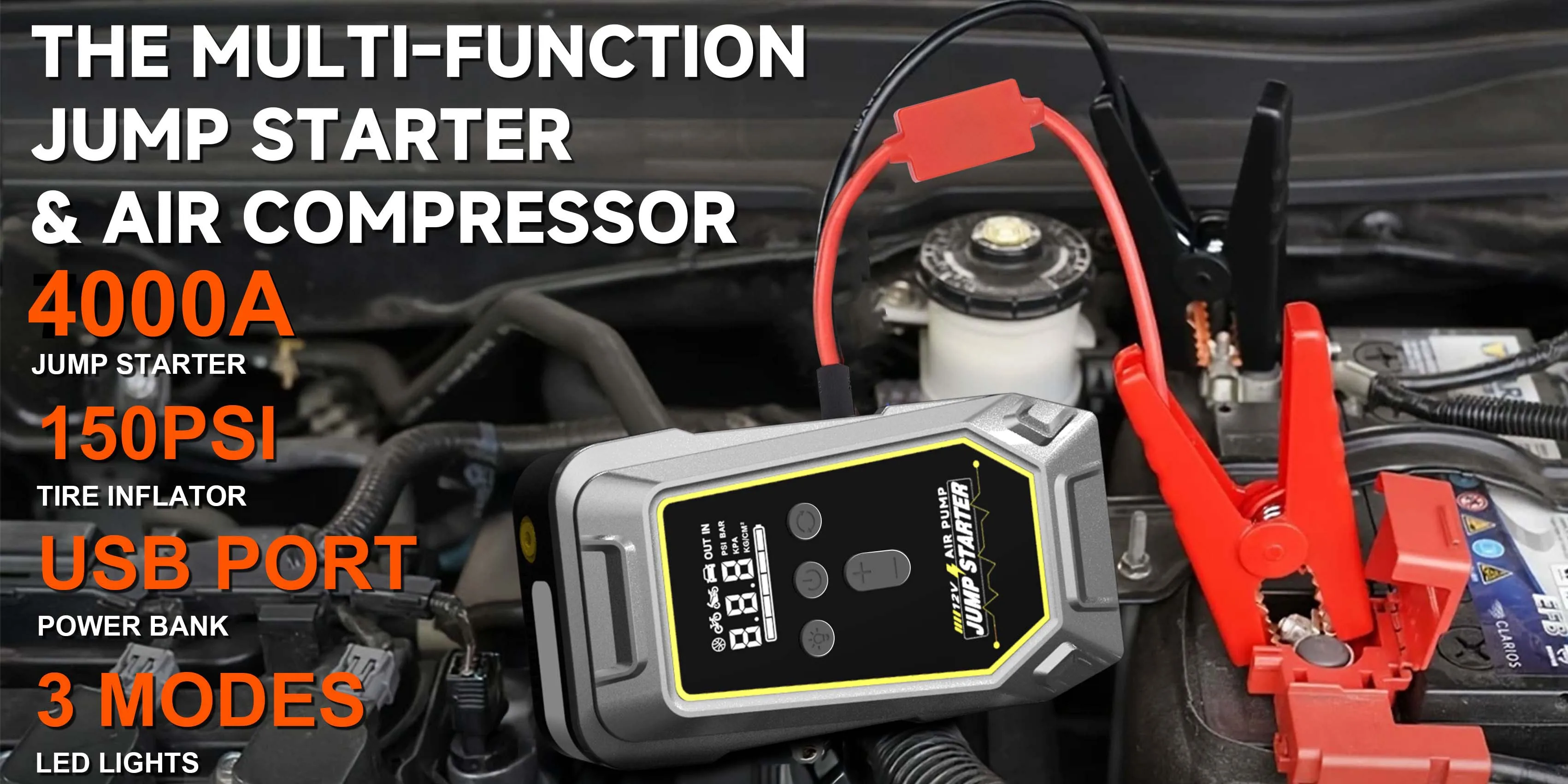 Tragbares 7000A Auto-Starthilfegerät mit 150 PSI Luftpumpe, Powerbank, 4-in-1-Luftkompressor, 12V Autobatterie-/Reifenfüllgerät – Detail 3