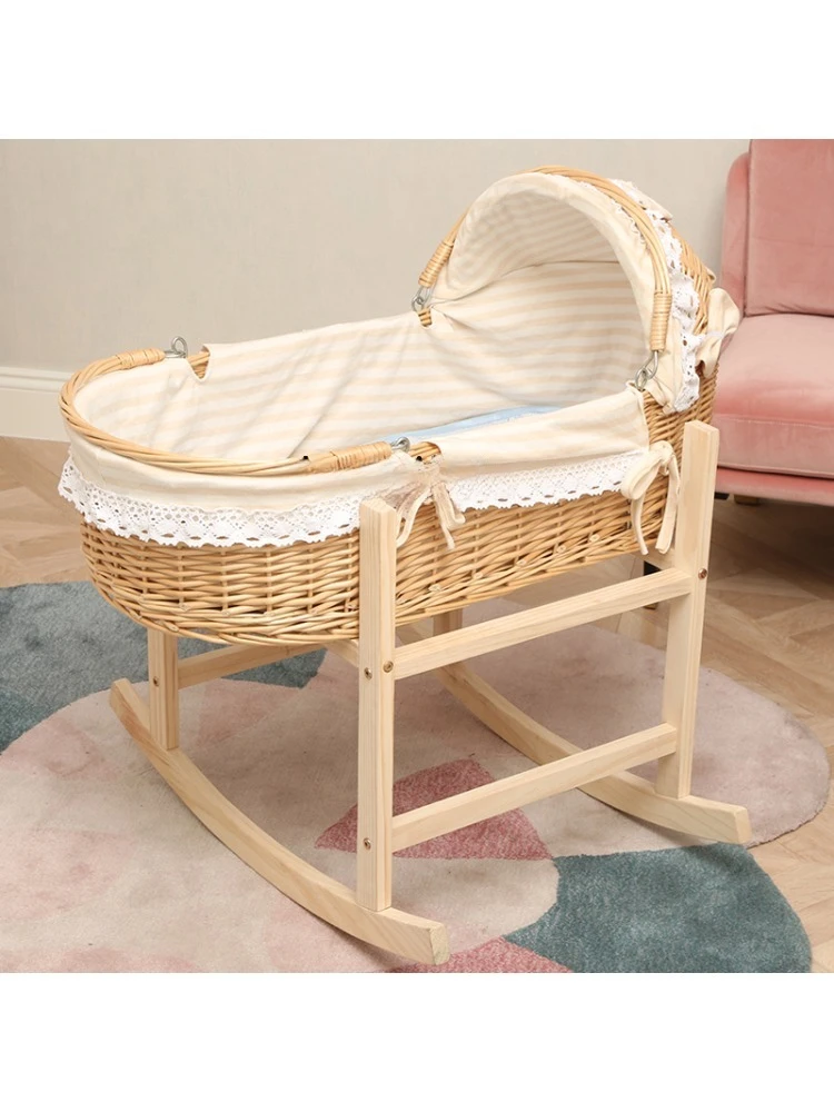 Rattan Bassinet Crib Solid Wood Anti-Mosquito Sleeping Basket Car Portable Basket