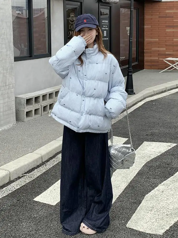 

Korean Fashion Winter Women Blue Striped Bow Print Short Down Cotton Coat Casual Single Breasted Jacket Thick Outwear Popular