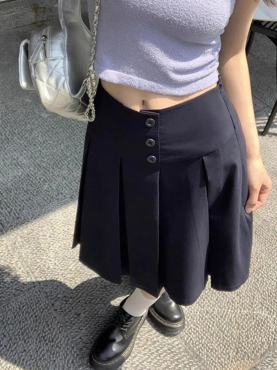 

Women's A-Line Skirt Tee Buttons Pleated Drapey School Sle Autumn New Arrival Slimming High Waist Polyester Fiber