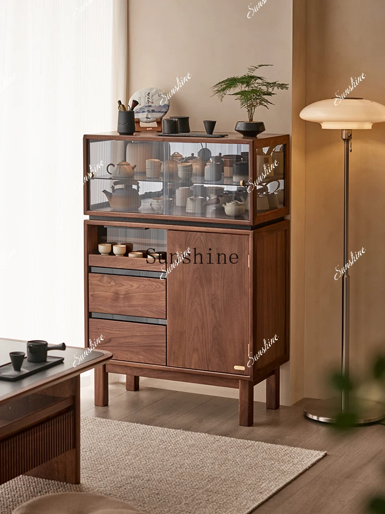 

Large and small apartment, TV side cabinet next to solid wood sofa, black walnut simple locker FT