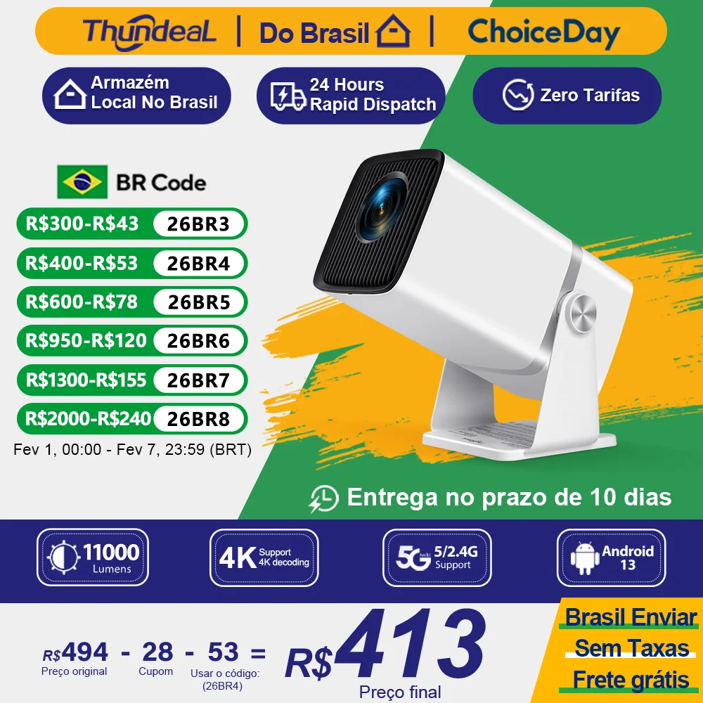 ThundeaL 4K Projetor Full HD FHD TD80W Android WiFi 3D Home Theater TD80 Projetor de feixe portátil Reunião de vídeo Filme PK HY320 HY320W HY300 HY300W Projetor