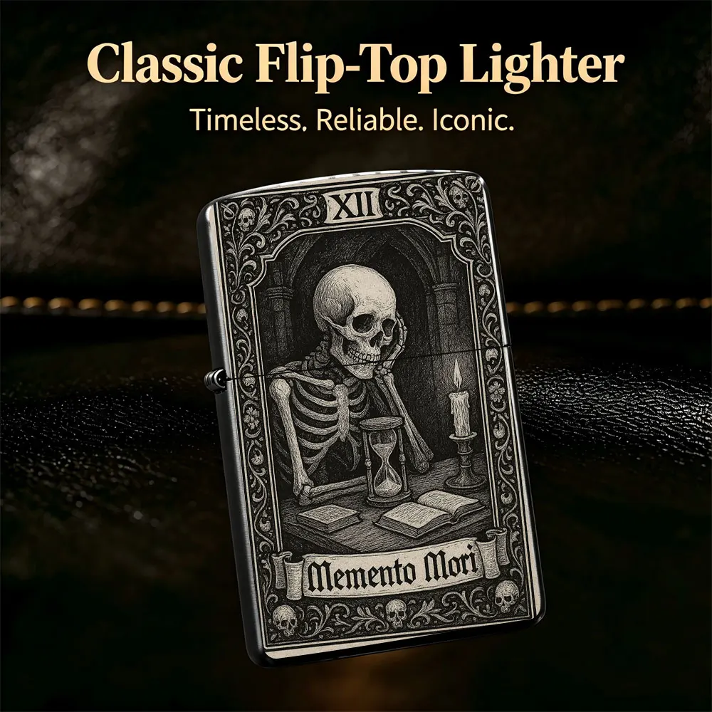 Pocket Lighter, Skeleton at Desk with Hourglass Print, Flip-Top Windproof Design, Metal Case, Comfortable Grip, Portable Ignition Tool