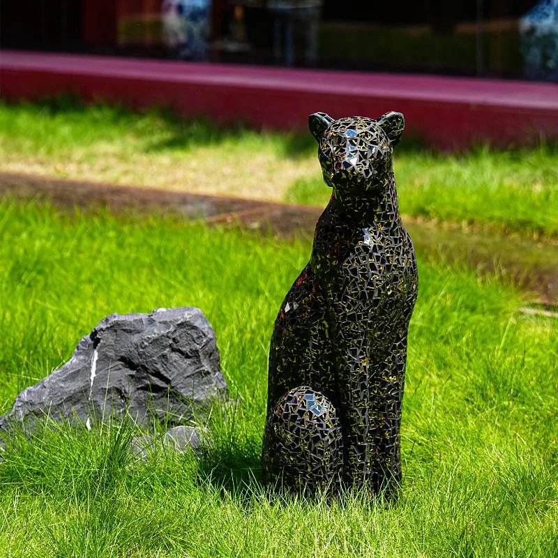 #￥Black Gold Glass Patch Leopard Sculpture Living Room Office Floor Decoration Figurine Sofa Side Home Decor Statue Animal Model