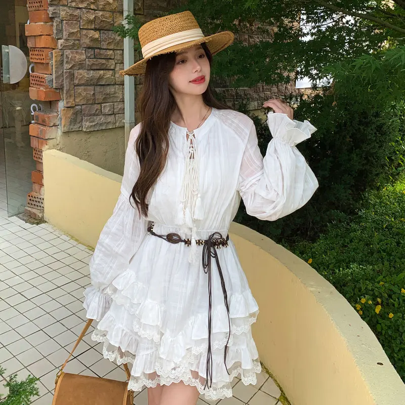 Vestido F Estilo Boho para Feriados, Saia Curta Doce, Manga Longa, Cintura Ajustada, Estilo Casual, Psado em Fibra ...
