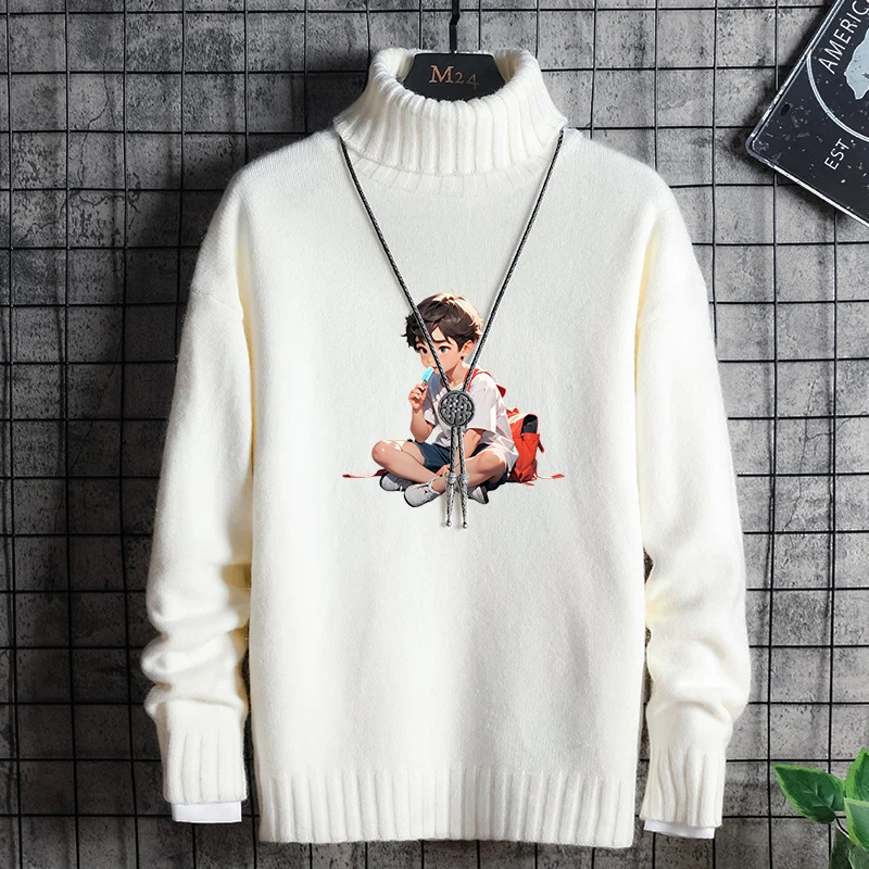 

Зимний мужской повседневный свитер с высоким воротником и принтом, свободного кроя, креативный дизайн, удобный вязаный топ для подростков, коллекция 2024 года