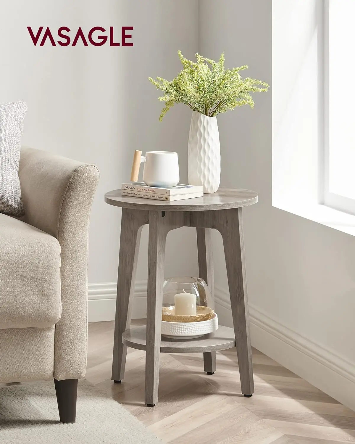 Round Side Table with Lower Shelf, End Table for Small Spaces, Nightstand for Living Room, Bedroom, Greige, ULET283T02