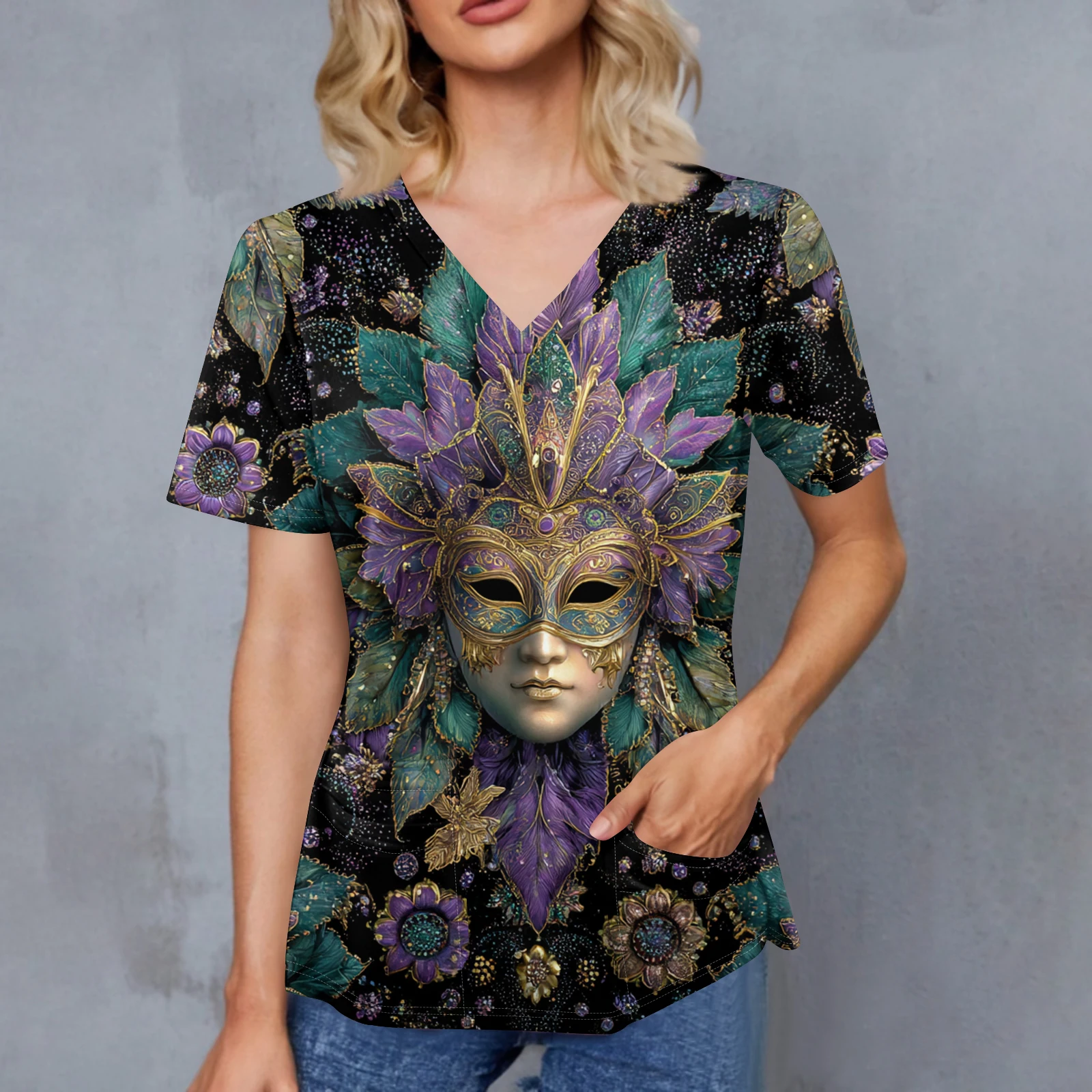 

Women'S Nurse Carnival Uniforms Double-Pocket Short-Sleeved Nurse Uniform With Slits At The Hem Carnival Print V-Neck Pullover