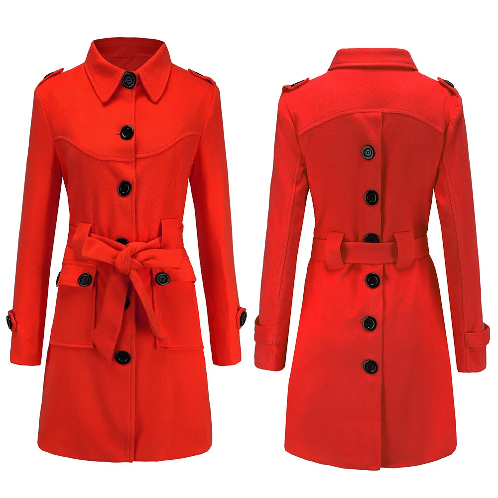 Women's Winter Trench Coat Single Breasted Tie Waist Vintage Fashion Felt Coats Long Sleeve Button Closure Slim Fit Back Button