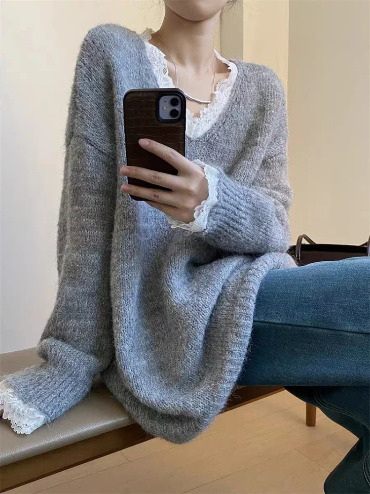 New Autumn Winter Elegant V-neck Lace Women's Long-sleeved Sweater Fashion Loose Knitted Shirt Casual Solid Color Pullover