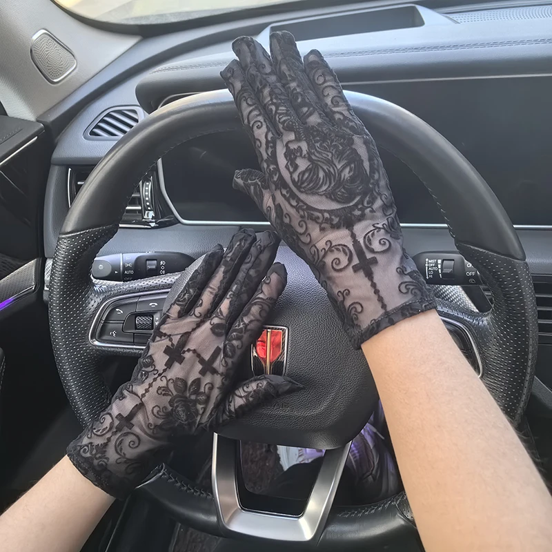 Halloween 22CM Women Rose Print Mesh Sexy Lolita Black Transparent Long Gloves Cosplay Performance Breathable Drive Sunscreen