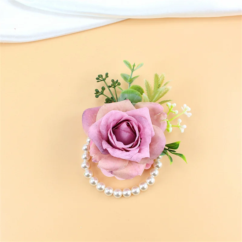 YO CHO Hochzeits-Corsagen, Blumen-Boutonniere für den Bräutigam, lila Seidenrosen-Broschen für Herren, Hochzeits-Brautjungfern-Armband, Handgelenk-Corsage-Blume – Detail 21