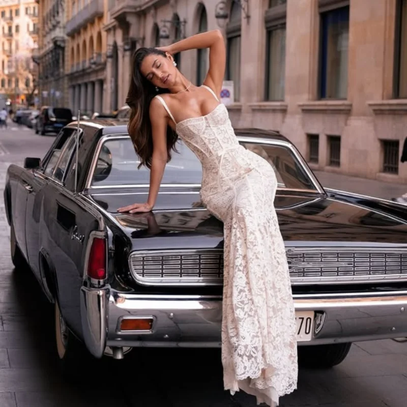 Vestidos de novia de tul con tirantes finos, color blanco marfil brillante, personalizados, apliques de encaje, cola de pez, vestidos de novia hechos