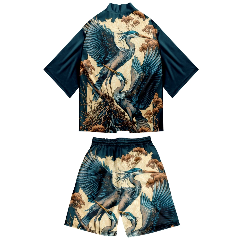 

Комплект из двух предметов: японское кимоно-кардиган и шорты с принтом «Волна и Журавль», мужской и женский, традиционная юката, хаори, оби, костюм для косплея