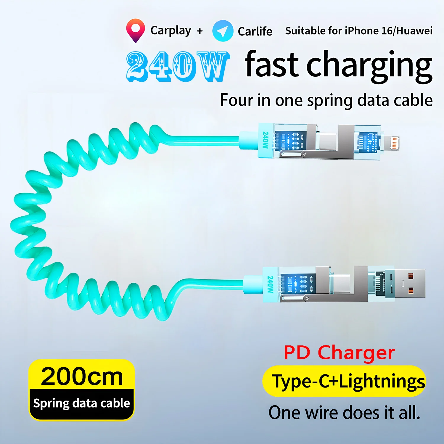 4 in 1 240W 6A Spring Telescopic Charging Cable, Retractable Short USB Type C Quick Charger Data Wire for iPhone 15 14 13 12