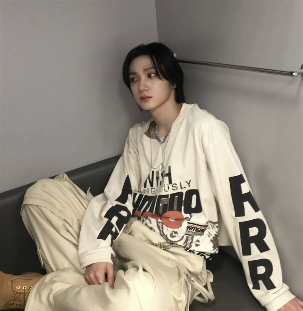 

RRR-123 High Street High Quality Portrait Graffiti Slogan Long Sleeve Vintage White