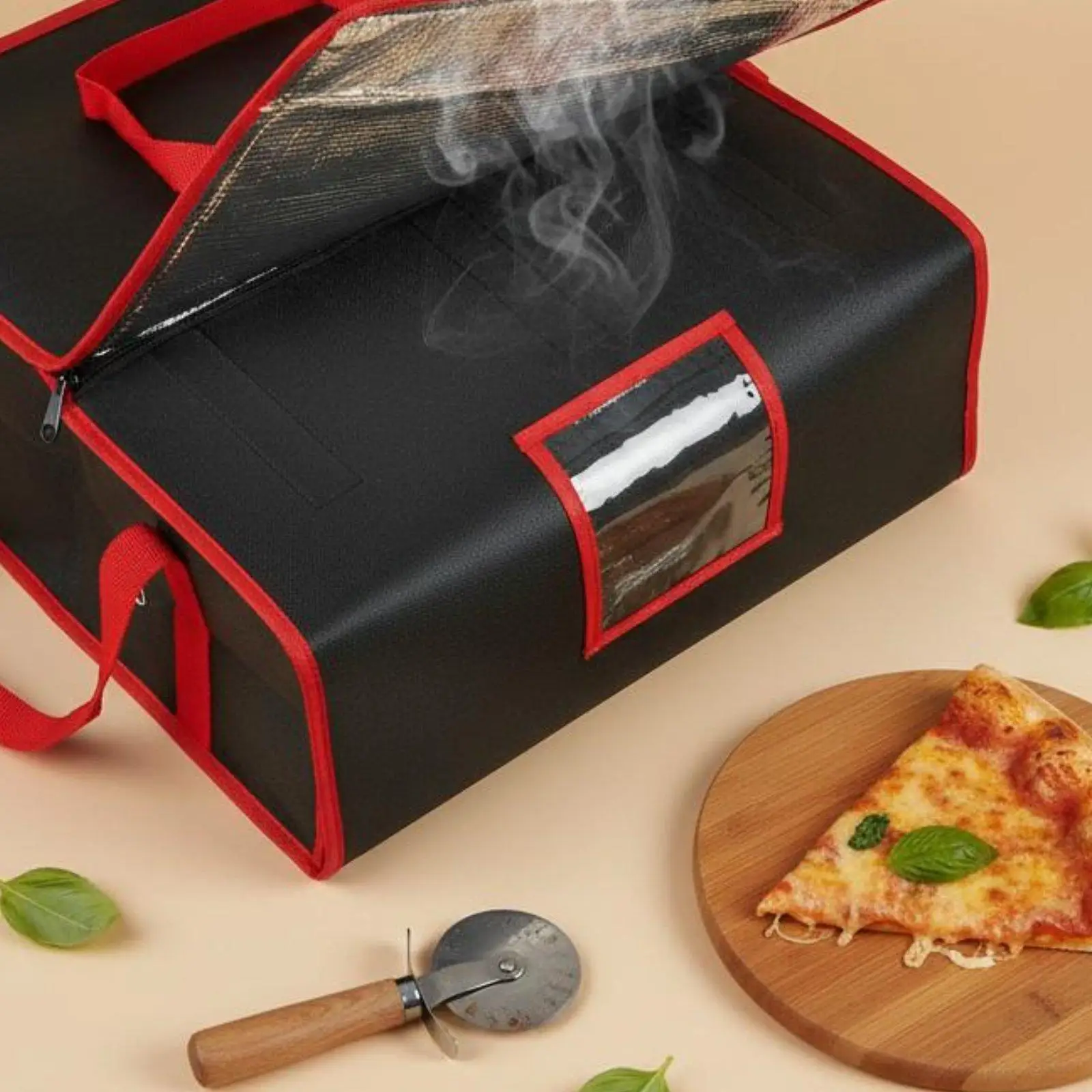 Insulated pizza bag, portable food bag, transparent ordering window