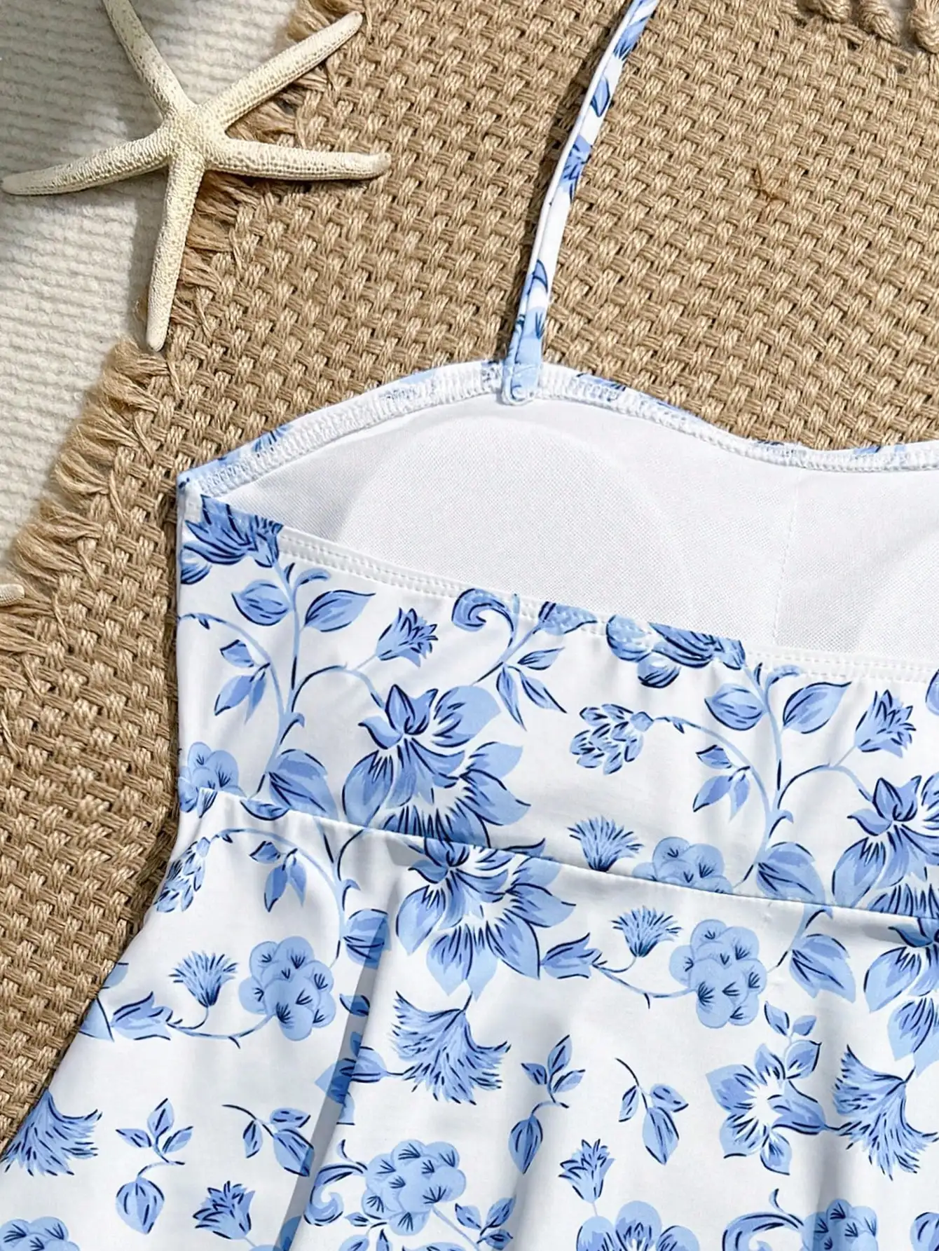 Blue Floral Tankini Set With Halter Neck And Ruffle Hem For Women
