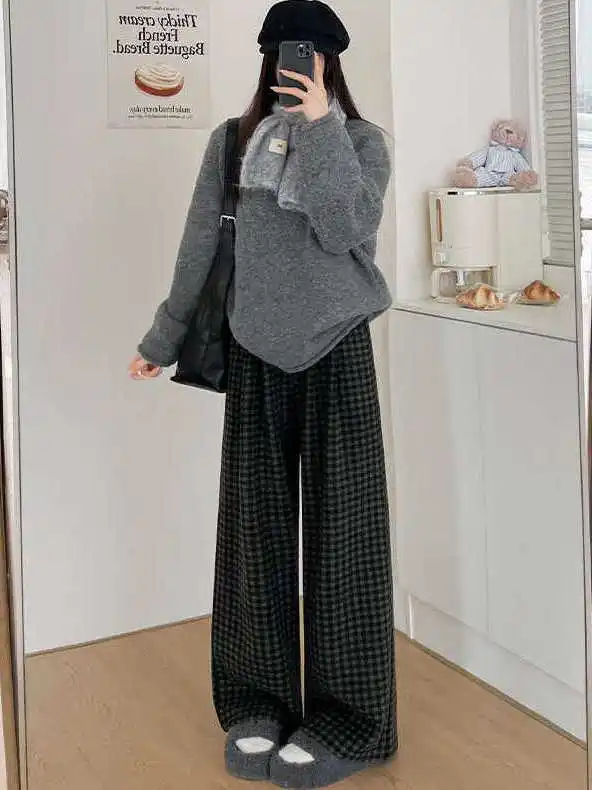 

Ay шерстяные повседневные клетчатые брюки с высокой талией, женские осенне-зимние новые утягивающие широкие брюки, корейские брюки для поездок на работу и ветер