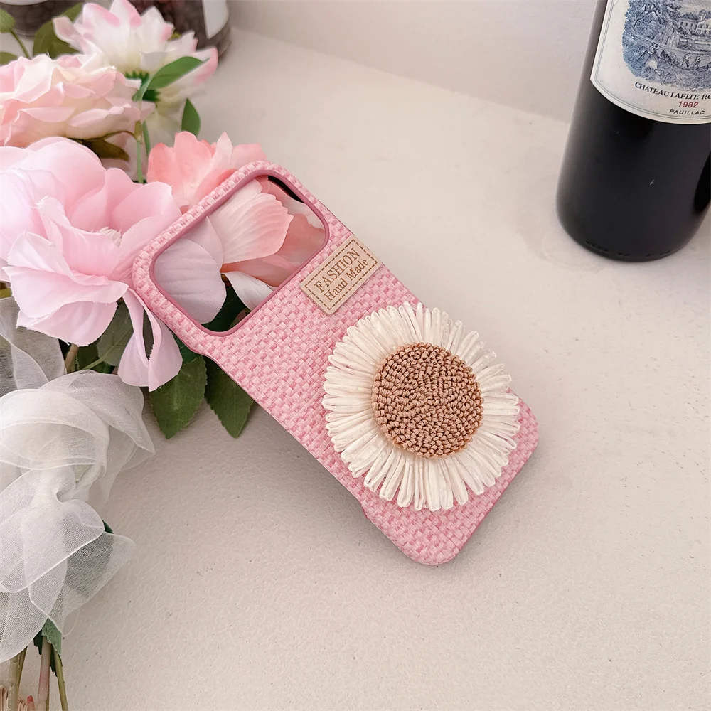 

17 Pro Max Stylish Elegant 3D Sunflower Cosmetic Mirror Phone Case for iPhone 16 15 14 13 Pro Boho Tweed Texture Protect Cover