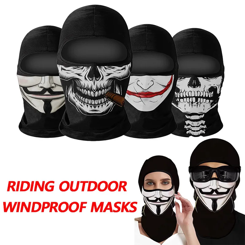 1pc Full Face Mask Black Ghosts Print Balaclava with Skull Printed for Cosplay Party Motorcycle Bike Cycling Hiking Outdoor