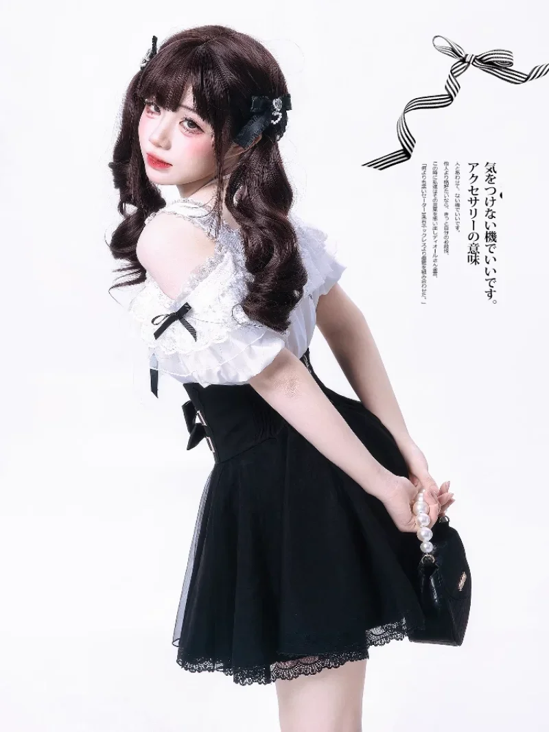 Japanese Mine Series Mass-produced Sweet Blouse New Rojita Black And White Lace Top Long Sleeves Shirt Skirt Women's Clothing