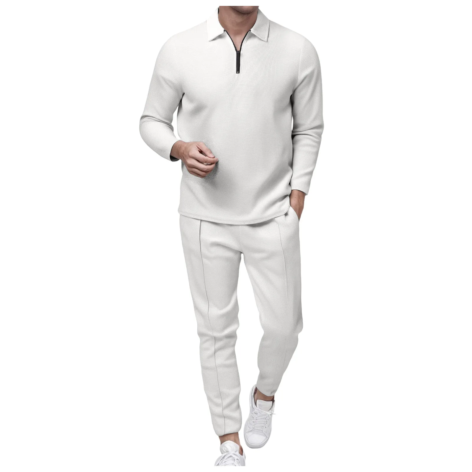 6 قطعة بدلة رجالية بلون سادة متماسكة نصف سحاب كم طويل سراويل طويلة أطقم رياضية غير رسمية 38s بدلة رجالية