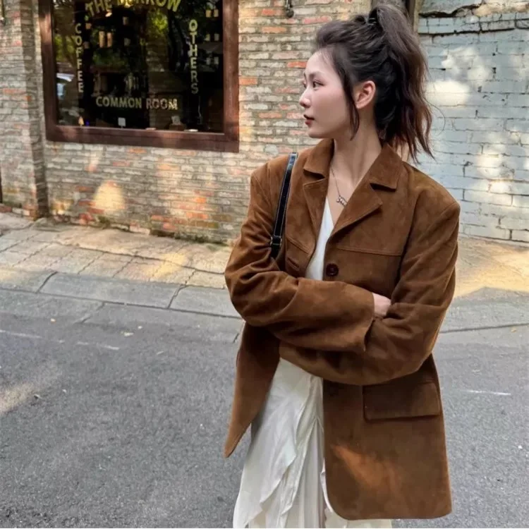 Caramel Suede Jaet Women's Suiting Leather Coat American Sle Loose Fit Regular Length Button Closure ort Outerwear