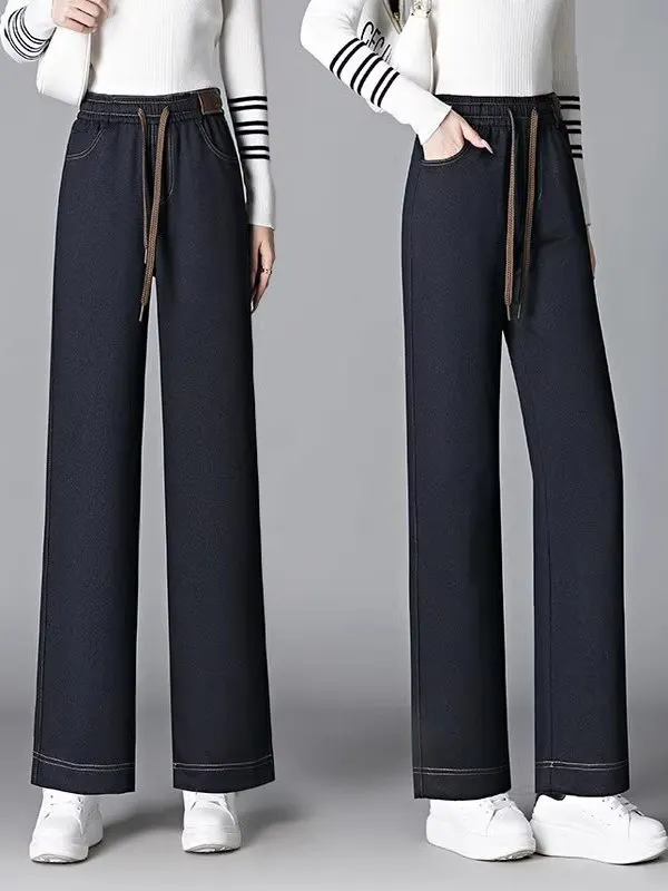 Retro Fce gevoerde nep-denim broek met wijde pijpen Rechte casual broek Hoge taille Elastisch polyestervezel Dames Faion