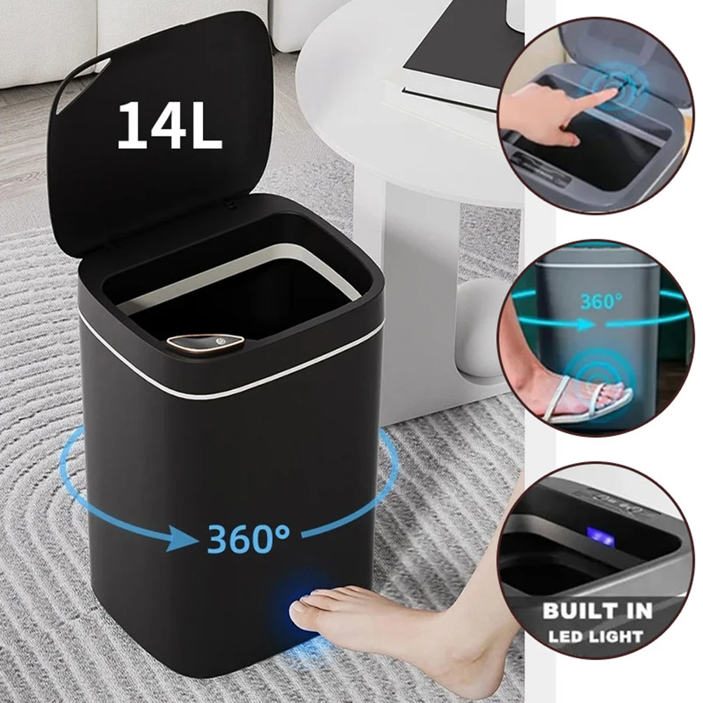 14L Smart Sensor Trash Can Type-C Recharging Automatic Wastebin Bathroom Sensor Trash Can For Kitchen Toilet Wastebaskt