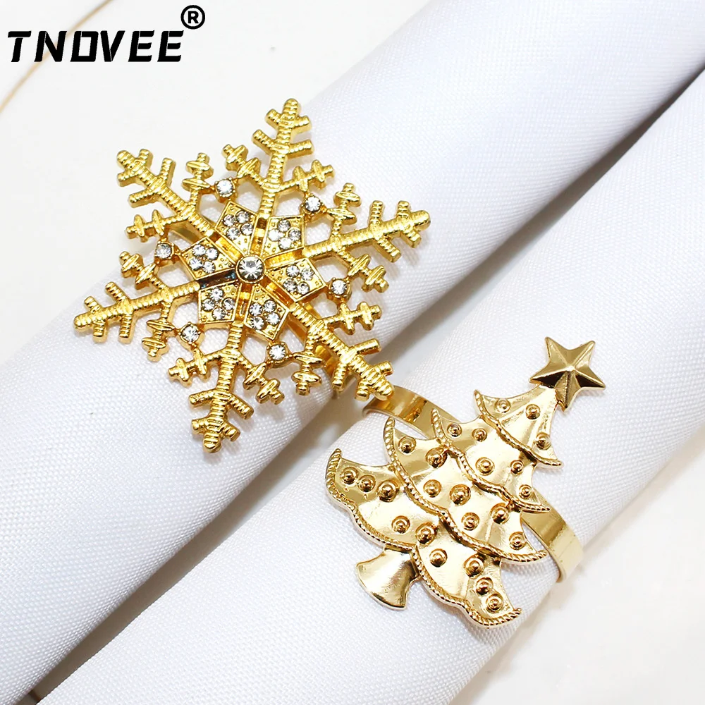 TNDVEE-anillos de servilleta de copo de nieve de árbol de Navidad dorado de 6 piezas para fiesta de Navidad, banquete de boda, decoraciones de mesa