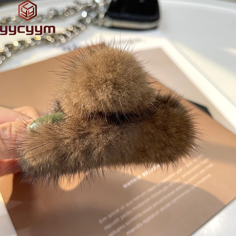 2024 Winter Real Fur Mink Hair Claw Clip Plush Cute Hairclip Large Size Shark Hair Crab Clip Hairpins Fashion Hair Accessories