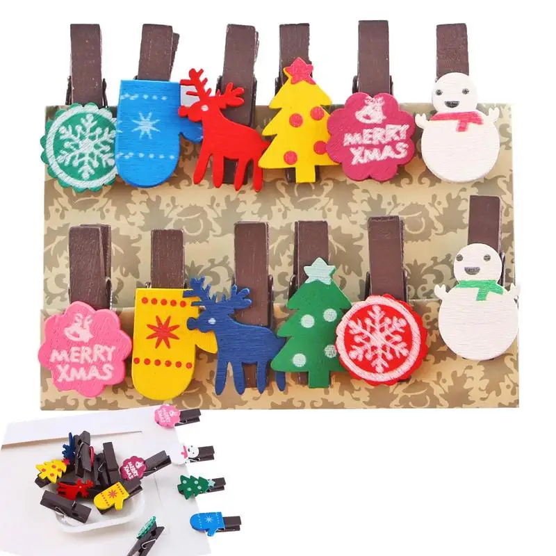 12Pcs Christmas different patterns Tree Clips Wooden Clothespins Christmas Mini Clothespins Photo Clip Twine Set For Photography