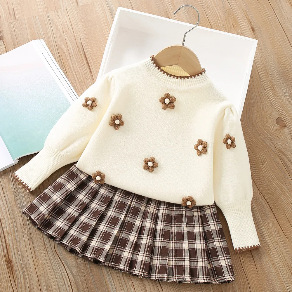 

2-6 years old girl sweater set autumn foreign style flower girl long sleeve knitted pullover plaid pleated skirt two-piece set