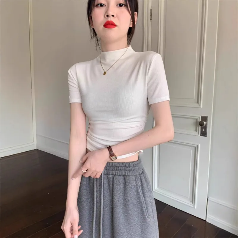Women T-shirt Summer Short Sleeve New Slim-fit Cropped Top High-neck High-waist Fitted Solid Color T-shirt Casual Student Top